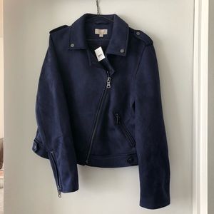 Navy blue faux suede moto jacket